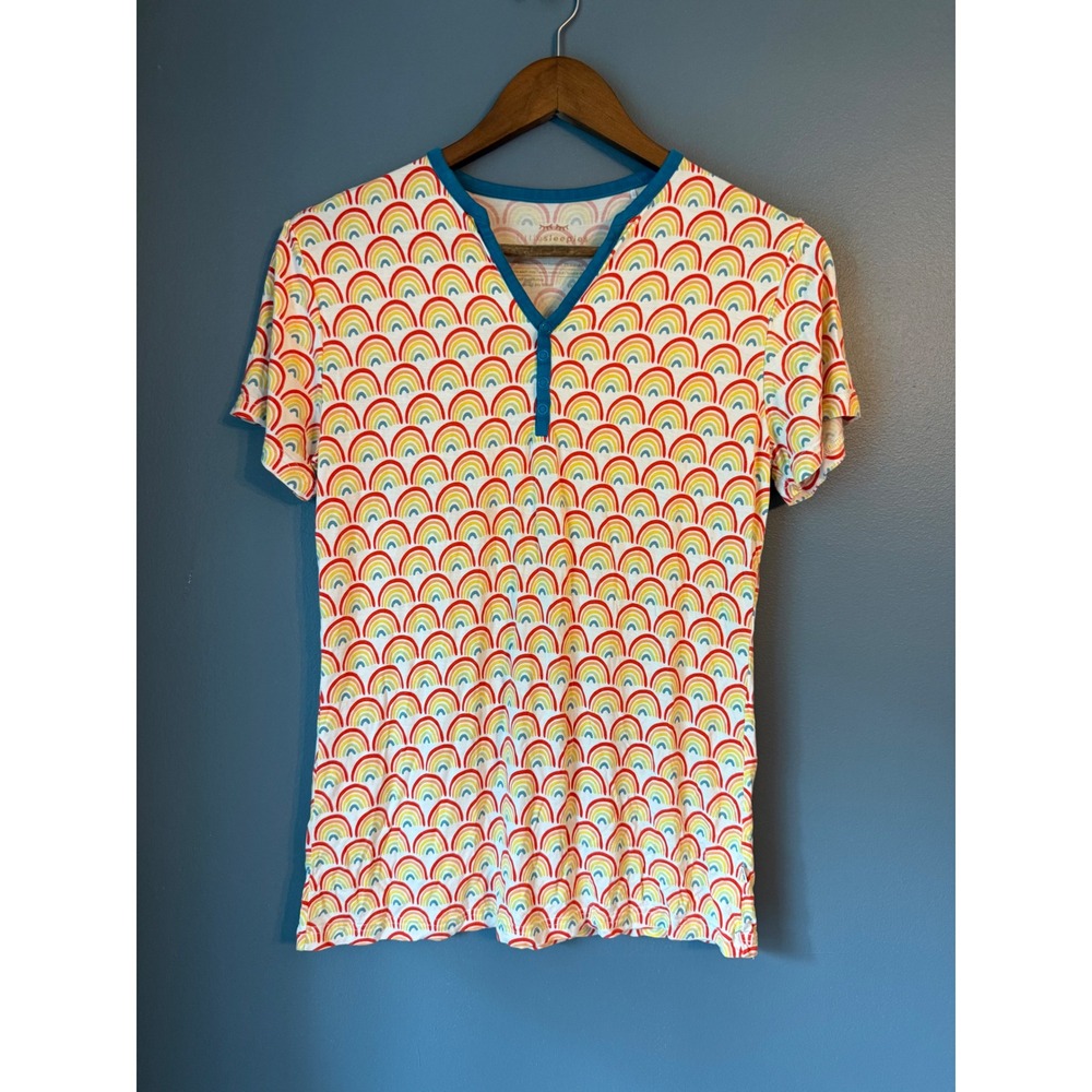 Little Sleepies Over the Rainbow Bamboo Henley Pajama Top Women XS Teal Trim